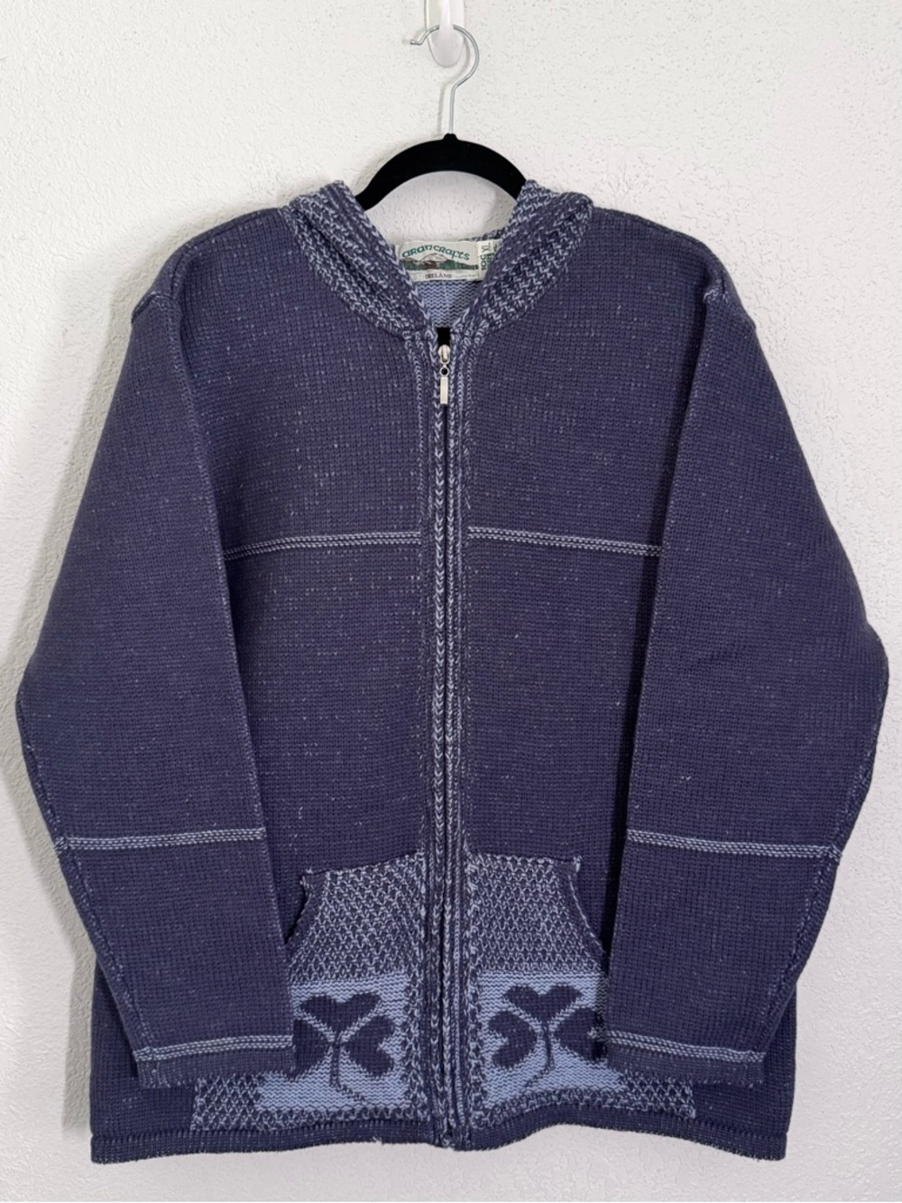 Aran Crafts 100% Merino Wool Full Zip Shamrock Clover Hooded Sweater Blue XL NEW